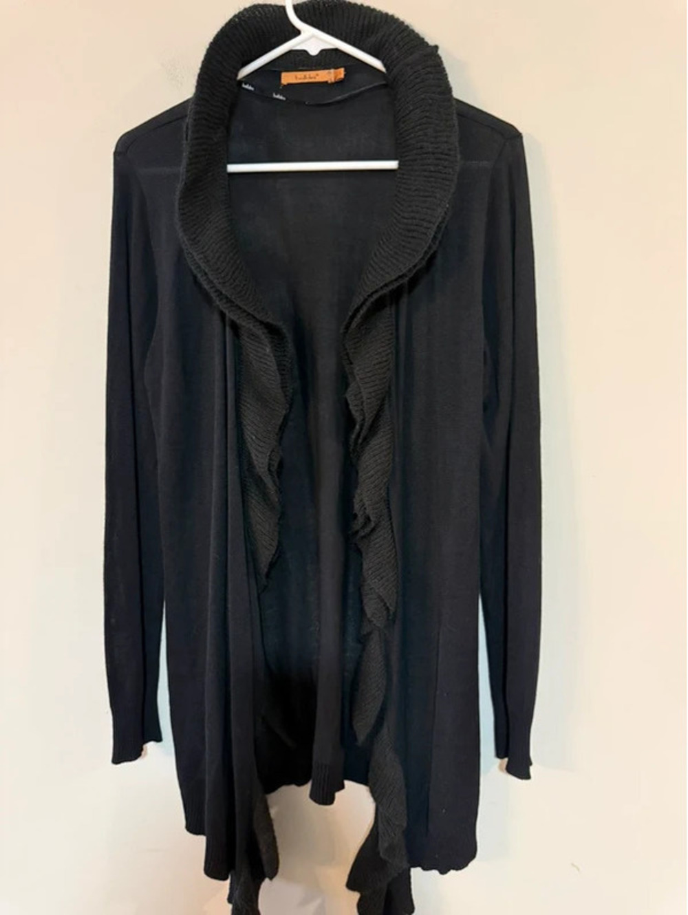 Belldini Women’s Black Open-Front Cardigan Sweater Ruffle Collar Tie Hem